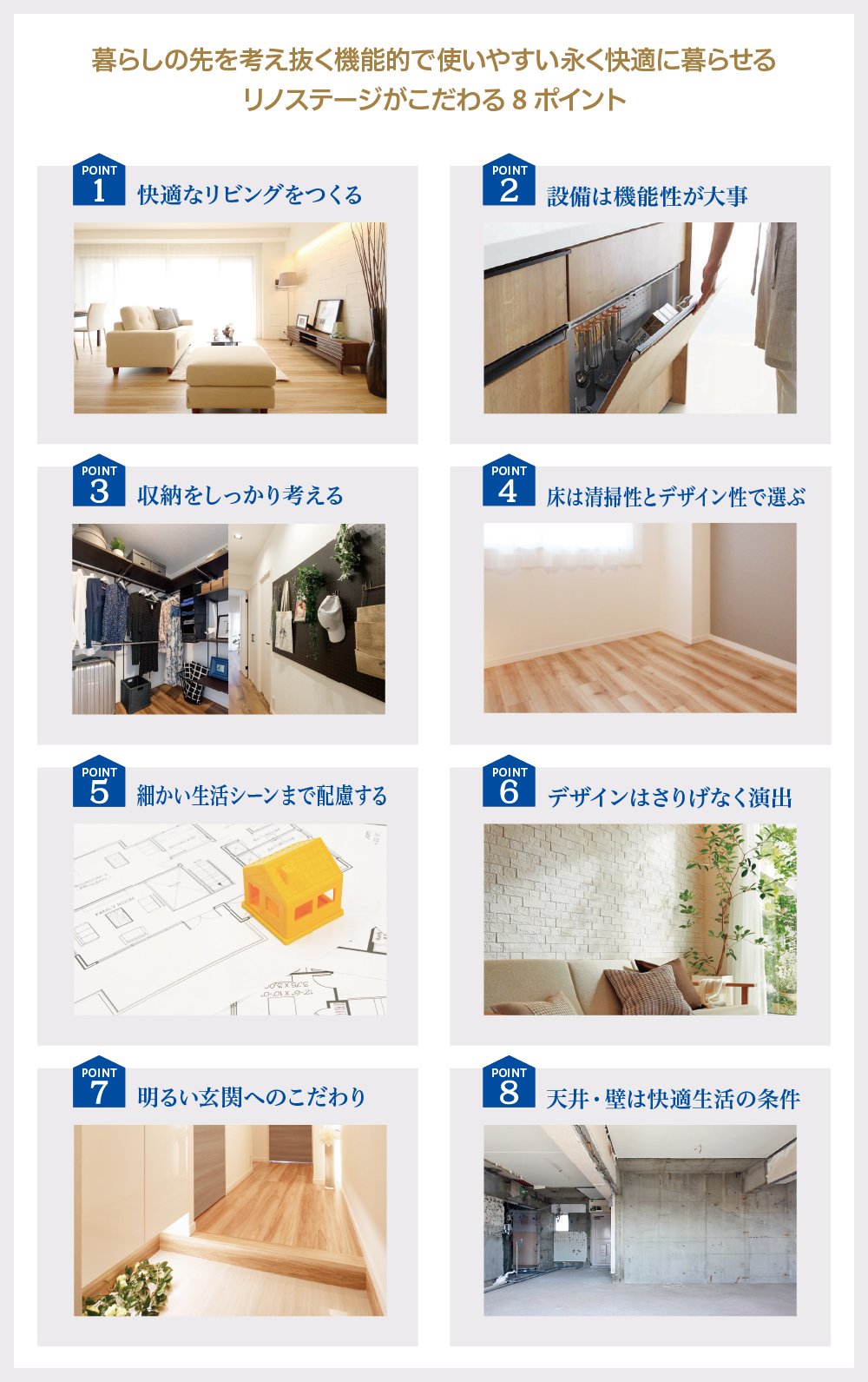 暮らしの先を考え抜く機能的で使いやすい、永く快適に暮らせるリノステージがこだわる8ポイント